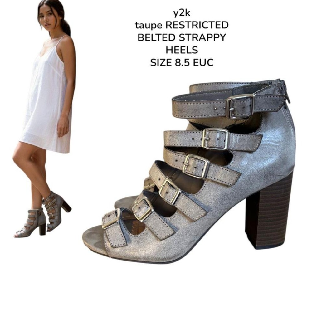 VINTAGE Restricted Taupe Multi-Strap Block Heels SZ. 8.5⛓️🪵